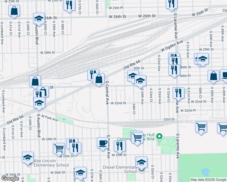 map of restaurants, bars, coffee shops, grocery stores, and more near in Cicero