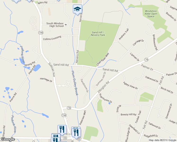 map of restaurants, bars, coffee shops, grocery stores, and more near 902 Sand Stone Drive in South Windsor