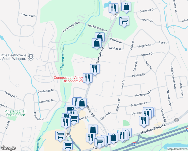 map of restaurants, bars, coffee shops, grocery stores, and more near 242 Talcottville Road in Vernon