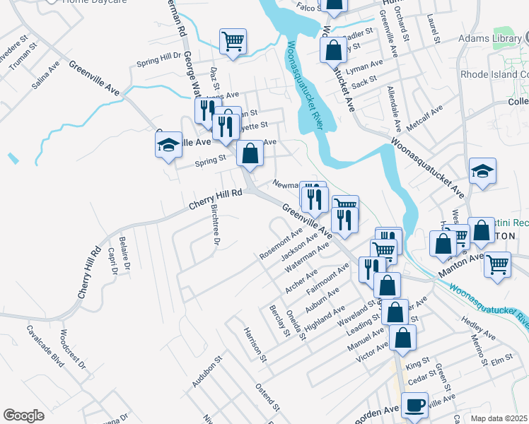 map of restaurants, bars, coffee shops, grocery stores, and more near 204 Greenville Avenue in Johnston