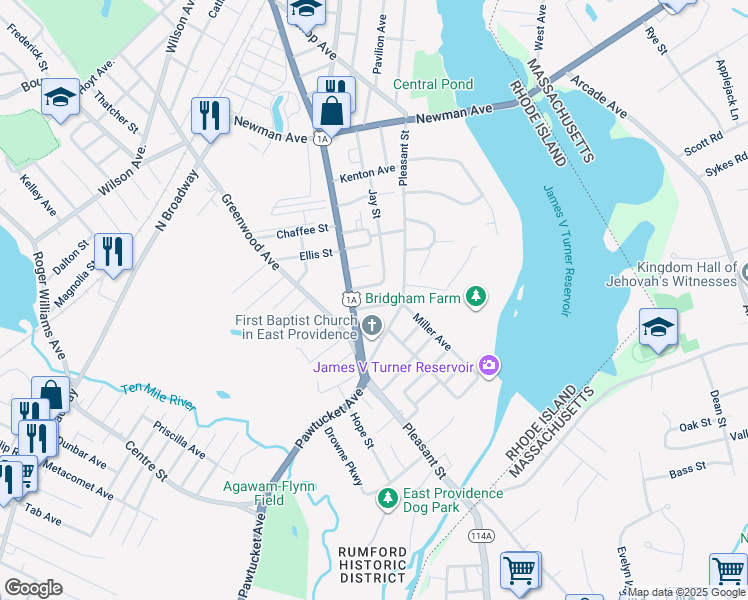 map of restaurants, bars, coffee shops, grocery stores, and more near 18 Miller Avenue in East Providence
