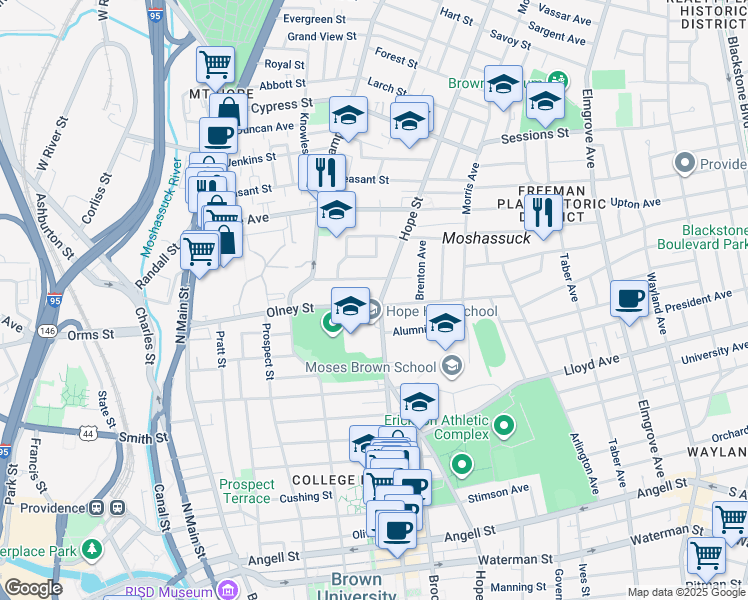 map of restaurants, bars, coffee shops, grocery stores, and more near 376 Hope Street in Providence