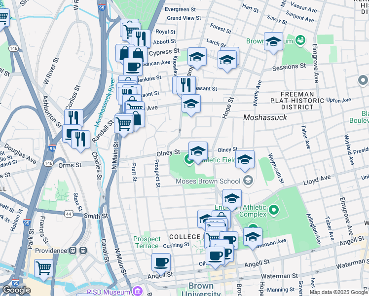 map of restaurants, bars, coffee shops, grocery stores, and more near 7 Ternay Garden Street in Providence