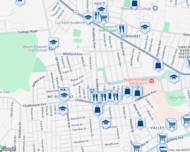 map of restaurants, bars, coffee shops, grocery stores, and more near 426 Academy Avenue in Providence