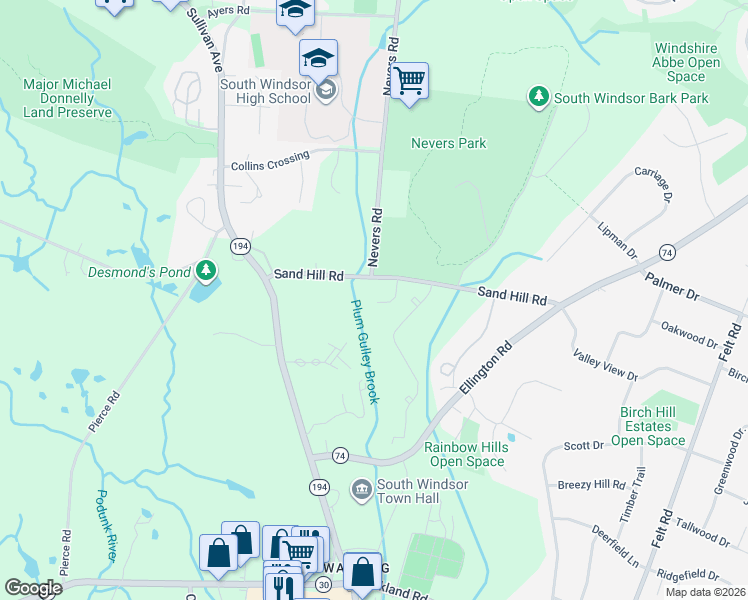 map of restaurants, bars, coffee shops, grocery stores, and more near 202 Sandstone Drive in South Windsor