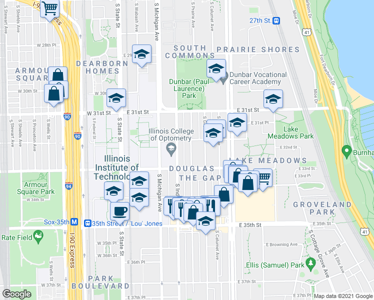 map of restaurants, bars, coffee shops, grocery stores, and more near 3200 South Prairie Avenue in Chicago