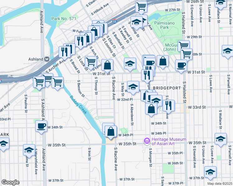 map of restaurants, bars, coffee shops, grocery stores, and more near 3151 South Racine Avenue in Chicago