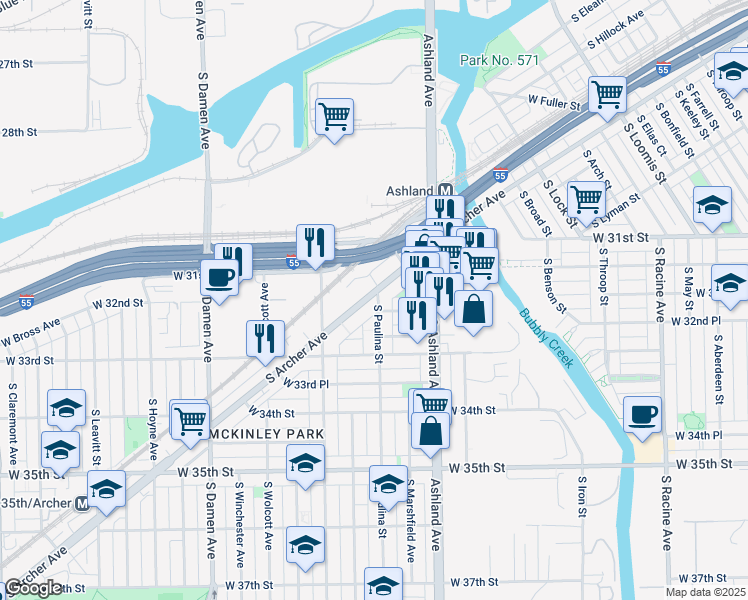 map of restaurants, bars, coffee shops, grocery stores, and more near 3176 South Archer Avenue in Chicago