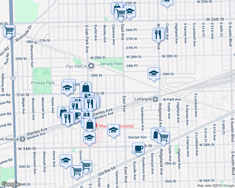 map of restaurants, bars, coffee shops, grocery stores, and more near 3037 Clarence Avenue in Berwyn