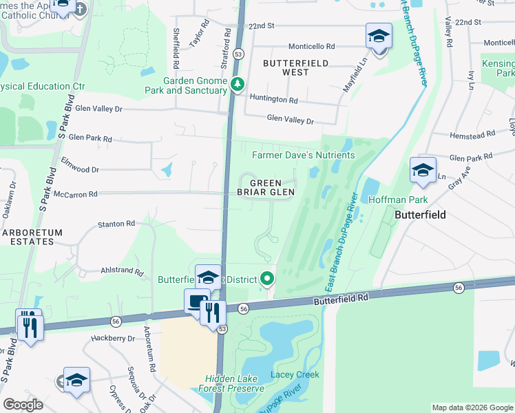 map of restaurants, bars, coffee shops, grocery stores, and more near 21W738 McCarron Road in Glen Ellyn