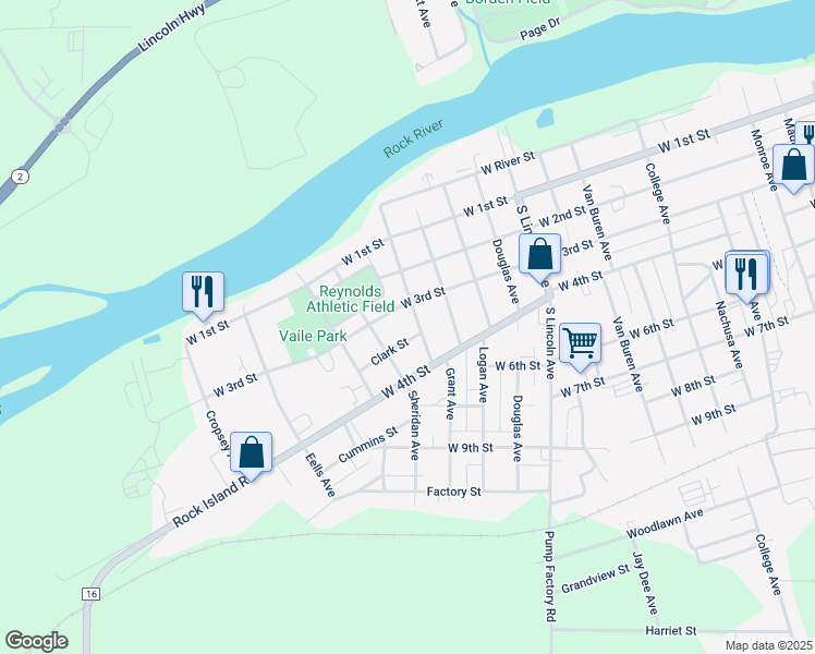 map of restaurants, bars, coffee shops, grocery stores, and more near 1714 West 3rd Street in Dixon