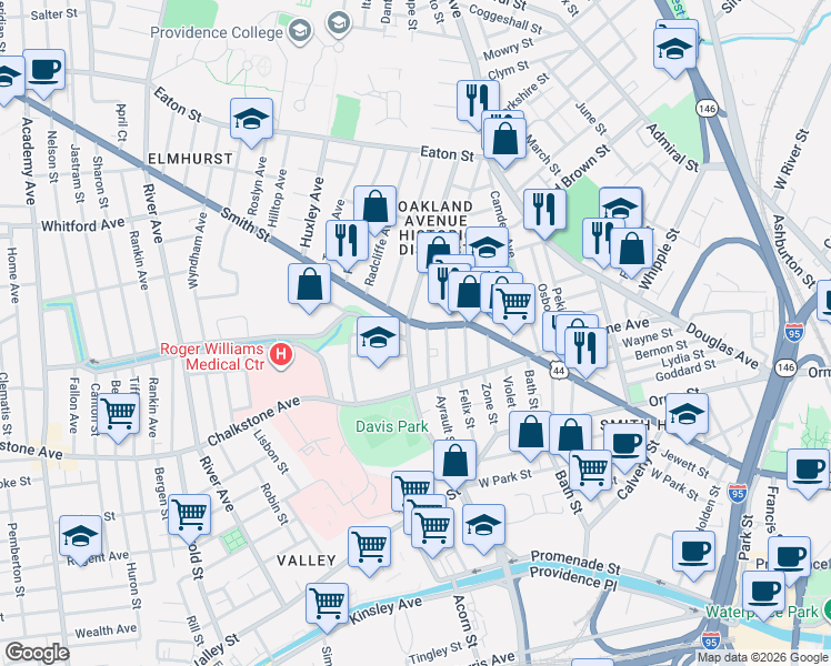 map of restaurants, bars, coffee shops, grocery stores, and more near in Providence