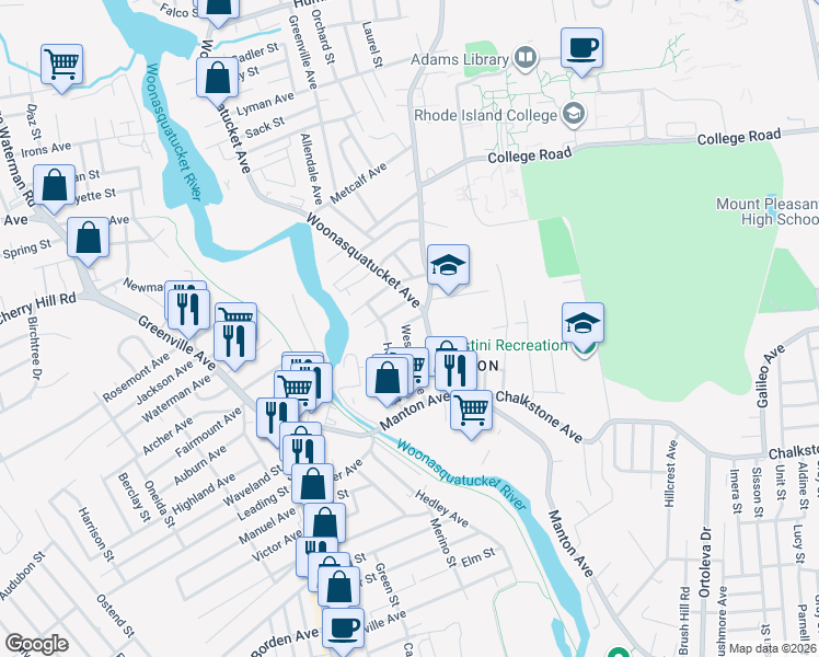 map of restaurants, bars, coffee shops, grocery stores, and more near 6 Woonasquatucket Avenue in North Providence