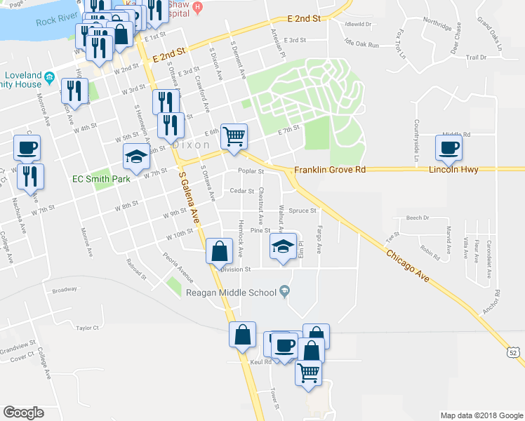 map of restaurants, bars, coffee shops, grocery stores, and more near 503 Spruce Street in Dixon
