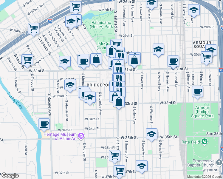 map of restaurants, bars, coffee shops, grocery stores, and more near 3215 South Green Street in Chicago