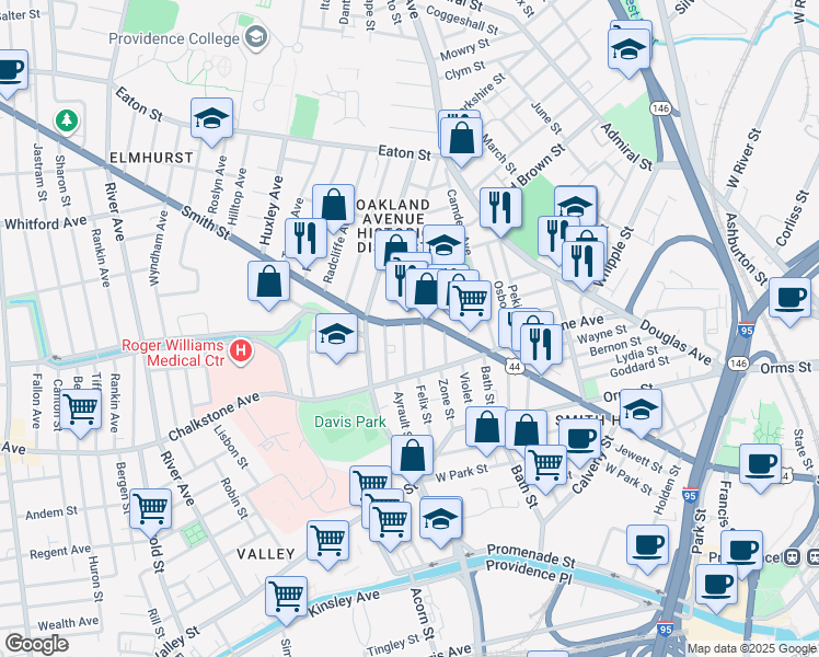 map of restaurants, bars, coffee shops, grocery stores, and more near 531 Smith Street in Providence