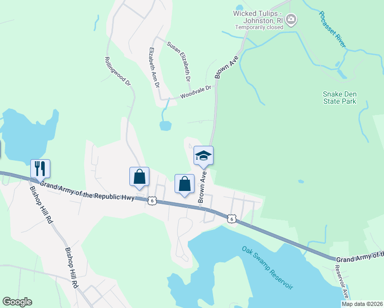 map of restaurants, bars, coffee shops, grocery stores, and more near 10 Wood Drive in Johnston