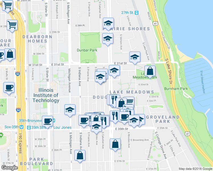 map of restaurants, bars, coffee shops, grocery stores, and more near 3219 South Calumet Avenue in Chicago