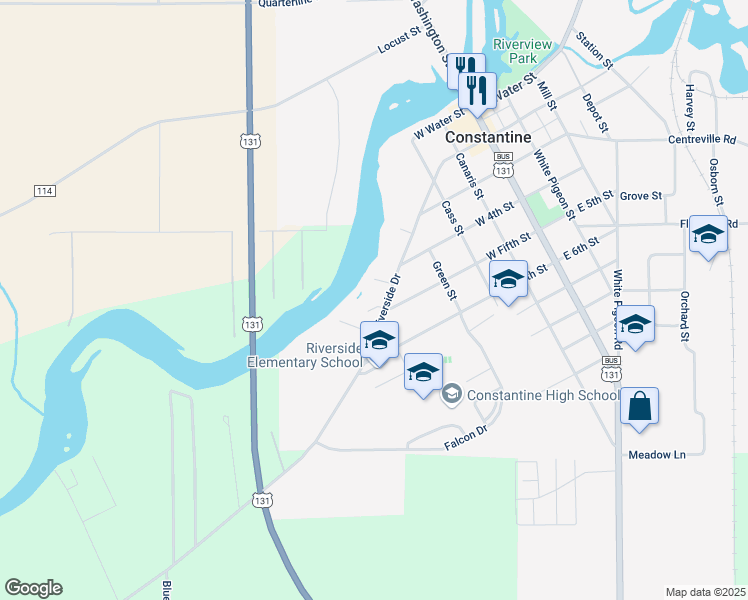 map of restaurants, bars, coffee shops, grocery stores, and more near 535 Riverside Drive in Constantine
