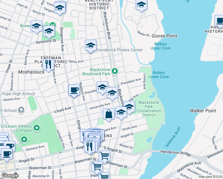 map of restaurants, bars, coffee shops, grocery stores, and more near 61 Slater Avenue in Providence