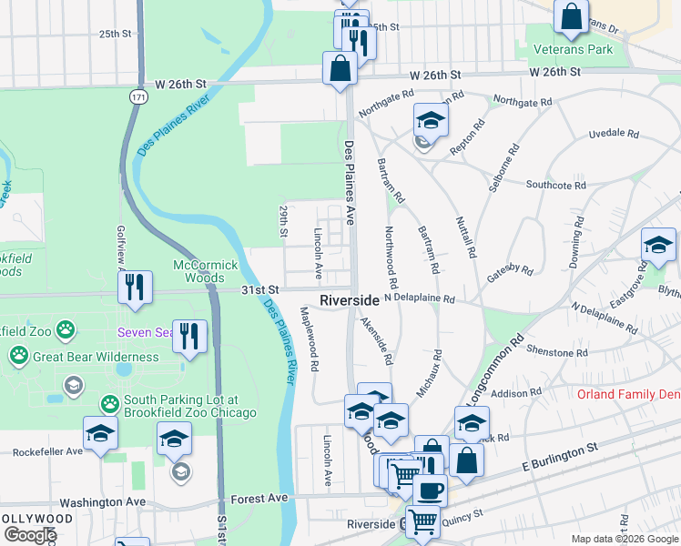 map of restaurants, bars, coffee shops, grocery stores, and more near 8009 Edgewater Road in Riverside