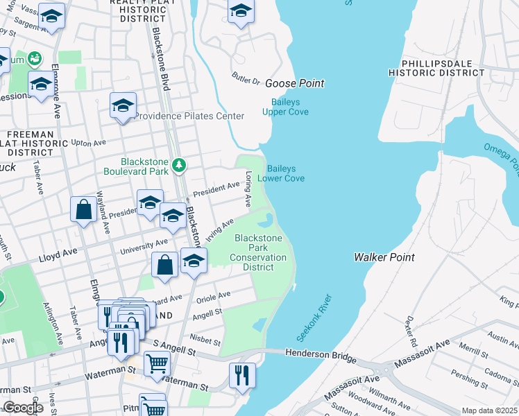 map of restaurants, bars, coffee shops, grocery stores, and more near 82 Loring Avenue in Providence
