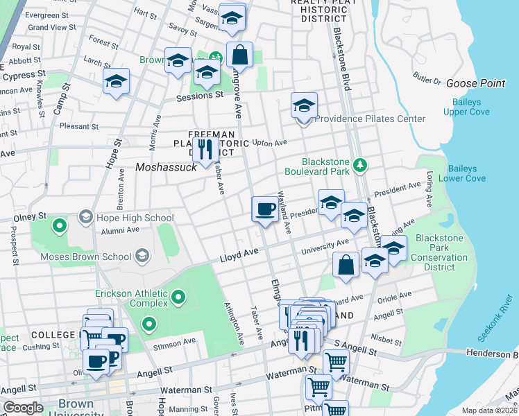 map of restaurants, bars, coffee shops, grocery stores, and more near 5 Doane Avenue in Providence