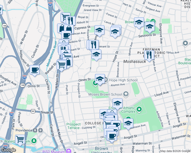 map of restaurants, bars, coffee shops, grocery stores, and more near 37 Carrington Avenue in Providence