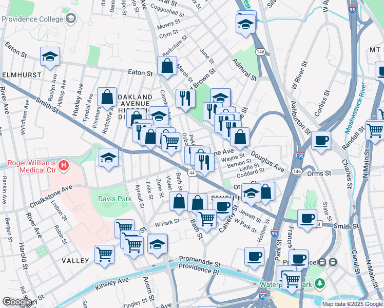 map of restaurants, bars, coffee shops, grocery stores, and more near 23 Alma Street in Providence