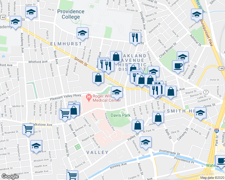 map of restaurants, bars, coffee shops, grocery stores, and more near 610 Smith Street in Providence
