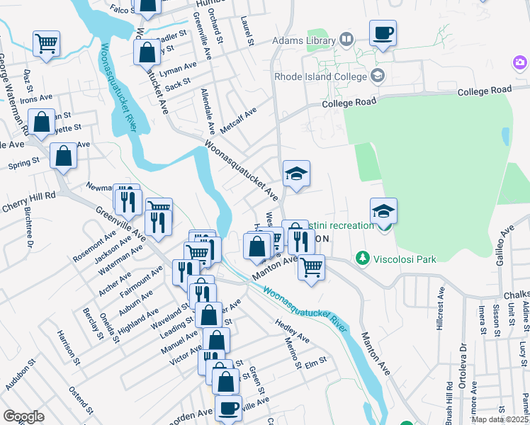 map of restaurants, bars, coffee shops, grocery stores, and more near 6 Woonasquatucket Avenue in North Providence