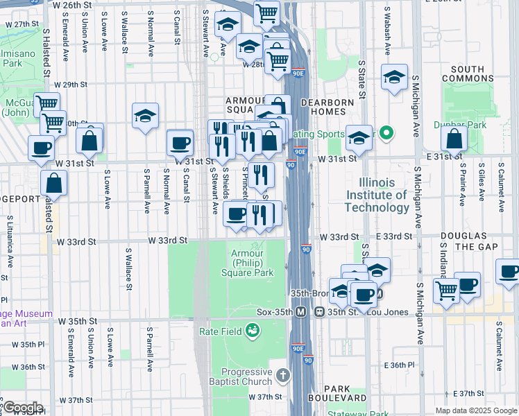 map of restaurants, bars, coffee shops, grocery stores, and more near 3160 South Wells Street in Chicago