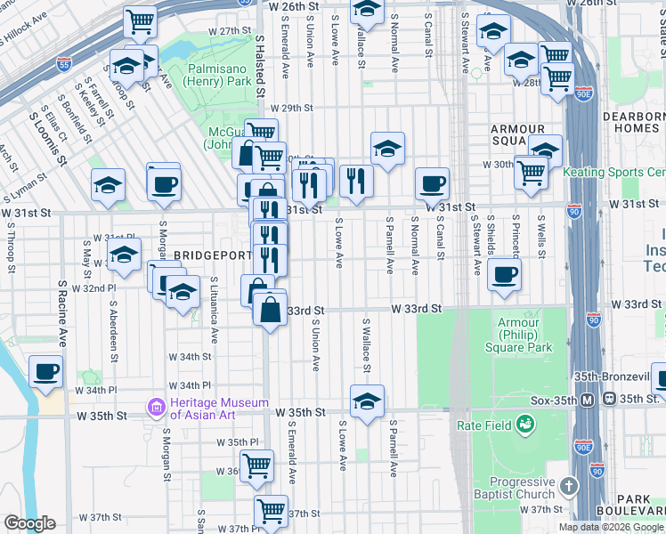 map of restaurants, bars, coffee shops, grocery stores, and more near 3153 South Union Avenue in Chicago