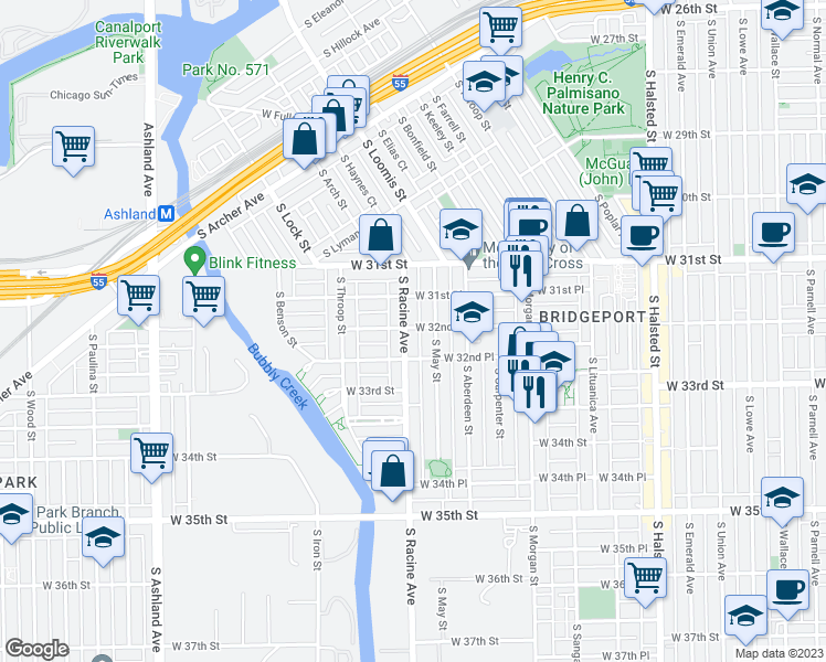 map of restaurants, bars, coffee shops, grocery stores, and more near 3151 South Racine Avenue in Chicago