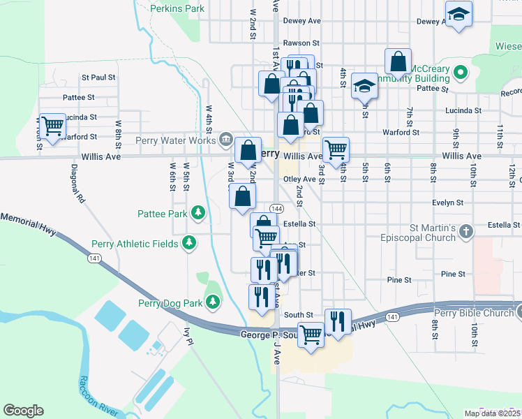 map of restaurants, bars, coffee shops, grocery stores, and more near 901 1st Avenue in Perry