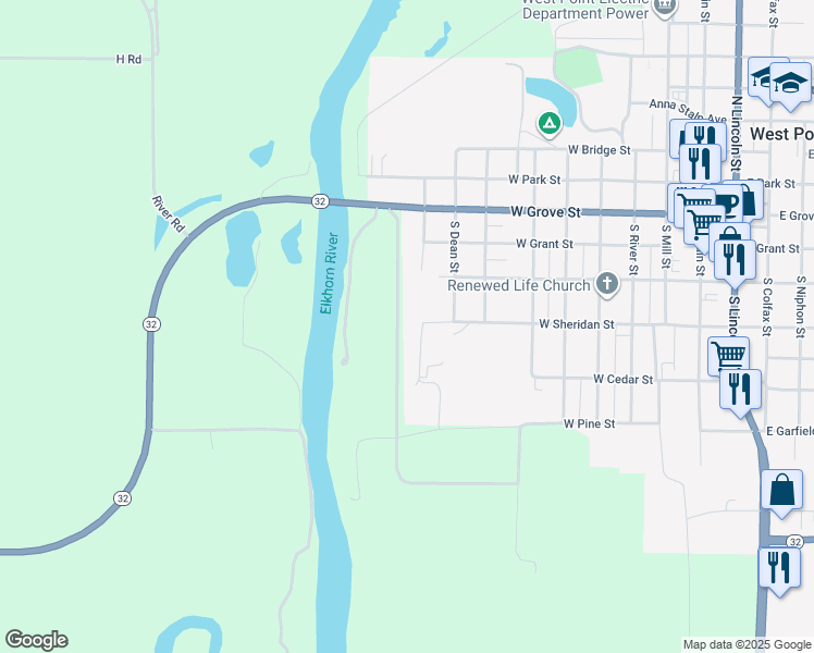 map of restaurants, bars, coffee shops, grocery stores, and more near 1205 West Grove Street in West Point