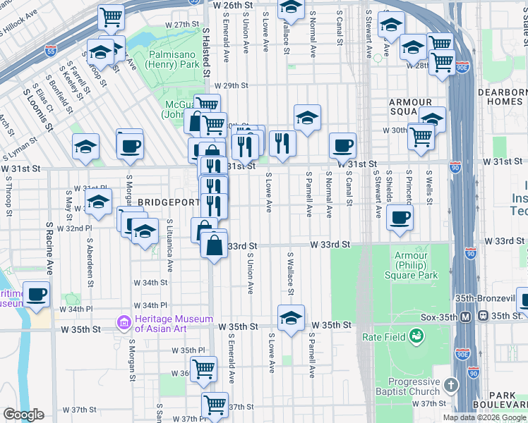 map of restaurants, bars, coffee shops, grocery stores, and more near 3153 South Union Avenue in Chicago