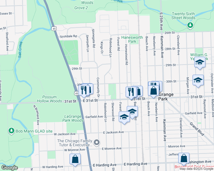 map of restaurants, bars, coffee shops, grocery stores, and more near 1201 Robinhood Lane in La Grange Park