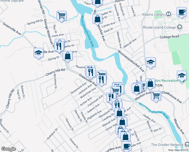 map of restaurants, bars, coffee shops, grocery stores, and more near 21 Springfield Avenue in Johnston