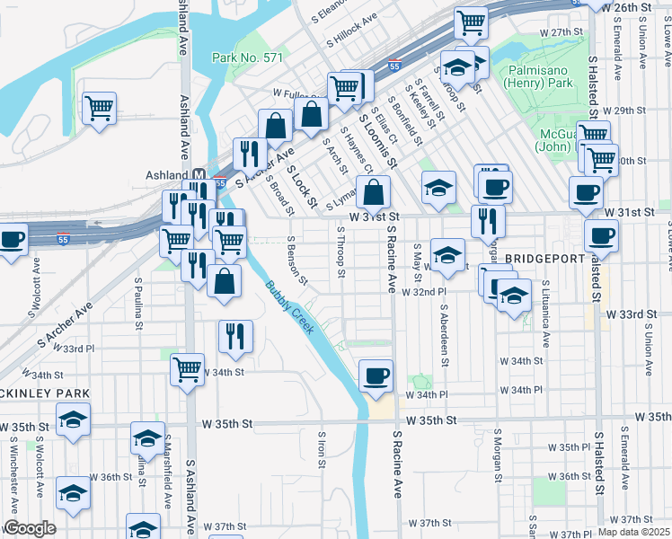 map of restaurants, bars, coffee shops, grocery stores, and more near 3162 South Throop Street in Chicago