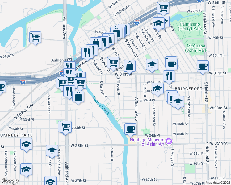 map of restaurants, bars, coffee shops, grocery stores, and more near 3162 South Throop Street in Chicago