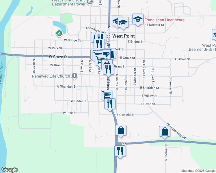 map of restaurants, bars, coffee shops, grocery stores, and more near 499 South Lincoln Street in West Point