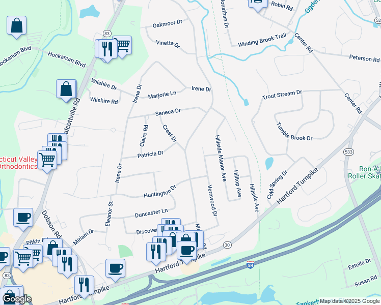 map of restaurants, bars, coffee shops, grocery stores, and more near 109 Vernwood Drive in Vernon