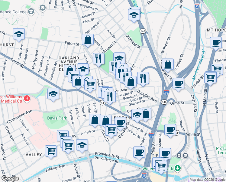map of restaurants, bars, coffee shops, grocery stores, and more near 487 Chalkstone Avenue in Providence