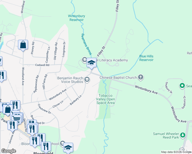 map of restaurants, bars, coffee shops, grocery stores, and more near in Bloomfield