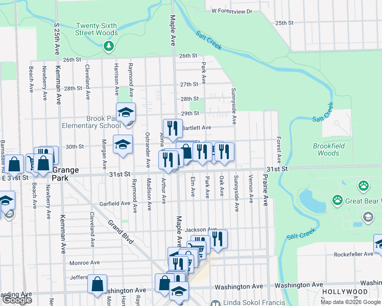 map of restaurants, bars, coffee shops, grocery stores, and more near 9119 30th Street in Brookfield