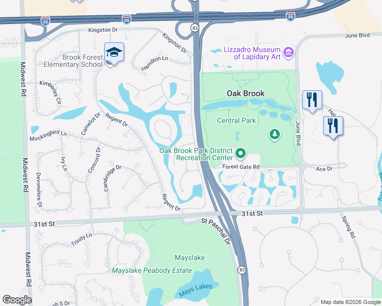 map of restaurants, bars, coffee shops, grocery stores, and more near 52 Briarwood Lane in Oak Brook
