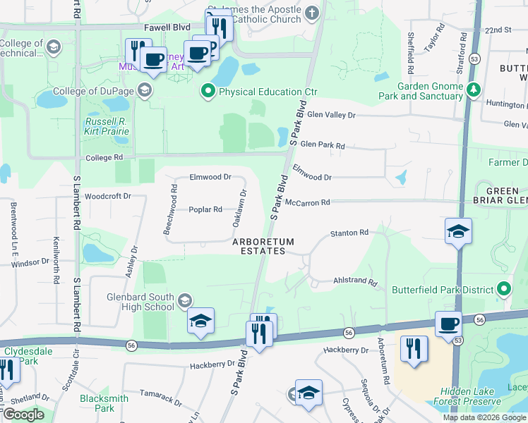 map of restaurants, bars, coffee shops, grocery stores, and more near 2S443 Oaklawn Drive in Glen Ellyn