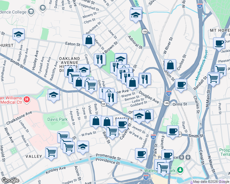 map of restaurants, bars, coffee shops, grocery stores, and more near 485 Chalkstone Avenue in Providence
