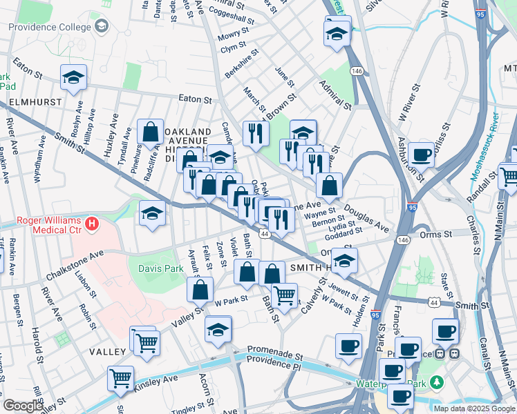 map of restaurants, bars, coffee shops, grocery stores, and more near 14 Osborn Street in Providence
